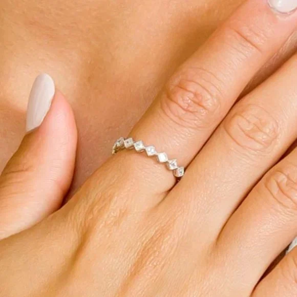 Sterling Rhodium 925 Rhodium Plated Diamond Shaped CZ Eternity Ring